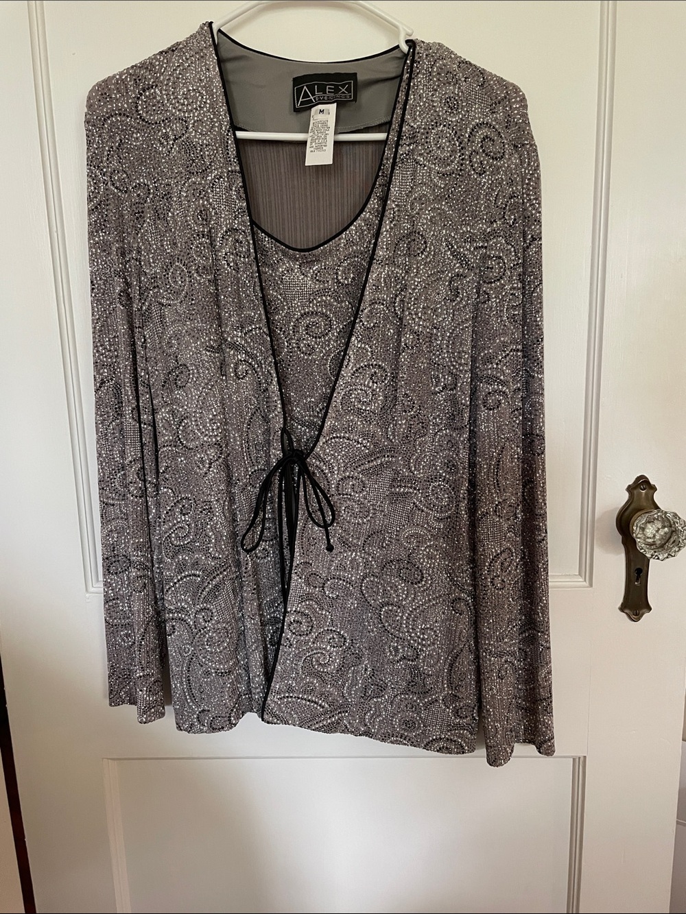 Alex Evenings Silver-Gray Beaded Overlay Tie-Front Jacket